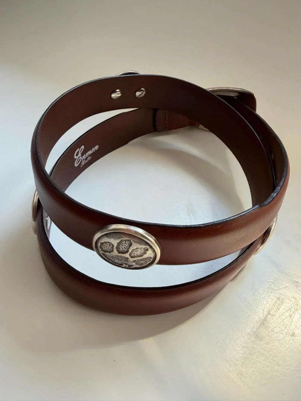 Enmon Clemson Belt Italian Saddle Leather Brown Silver Size 34